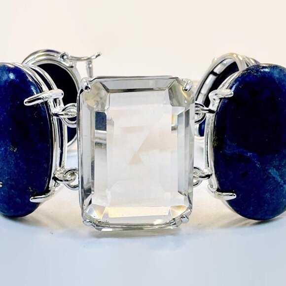 Lapis Bracelet, Sterling Bracelet, Quartz, Big Stones, Statement, Wide, Vintage - Picture 3 of 7